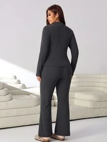 Solflare Plus Size Women Solid Color Casual Zip-Up Long Sleeve Top And Slim Fit Flared Pants 2 Pieces Set - Dark Grey - View 2