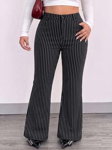 Solflare Plus Size Women's Black & White Striped Pocket Fashion Pants - Black - View 3