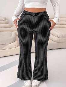 Solflare Plus Size Women's Black & White Striped Pocket Fashion Pants - Black - View 4