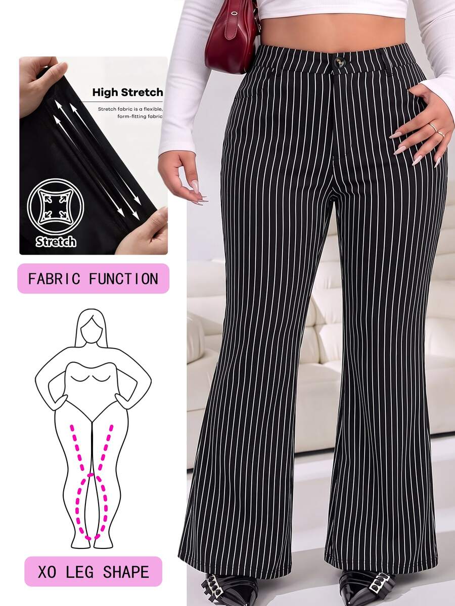 Solflare Plus Size Women's Black & White Striped Pocket Fashion Pants - Black - View 1