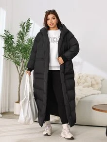 Solflare Plus Size Comfortable Winter Hooded Long Sleeve Jacket With Pockets Fall - Black - View 4