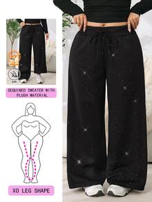 Solflare Plus Size Minimalist Sequin Drawstring Waist Loose Pants - Black - View 1