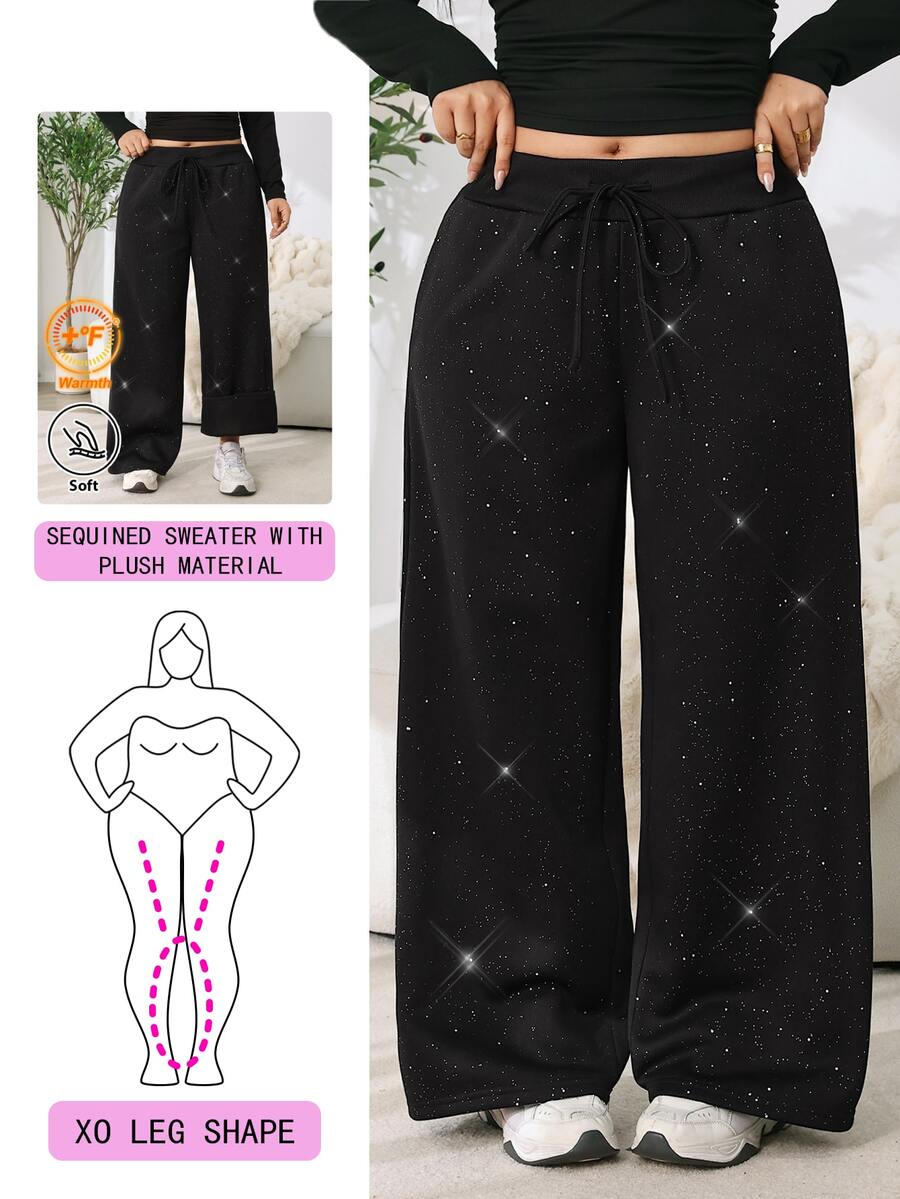 Solflare Plus Size Minimalist Sequin Drawstring Waist Loose Pants - Black - View 1
