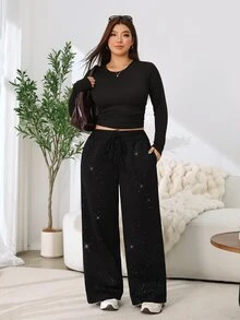 Solflare Plus Size Minimalist Sequin Drawstring Waist Loose Pants - Black - View 5