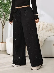 Solflare Plus Size Minimalist Sequin Drawstring Waist Loose Pants - Black - View 3