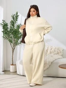 Solflare Plus Size Vintage Frog Button Zipper Long Sleeve Sweatshirt And Pants 2 Pieces Set - Beige - View 7