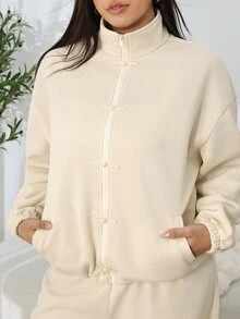 Solflare Plus Size Vintage Frog Button Zipper Long Sleeve Sweatshirt And Pants 2 Pieces Set - Beige - View 4