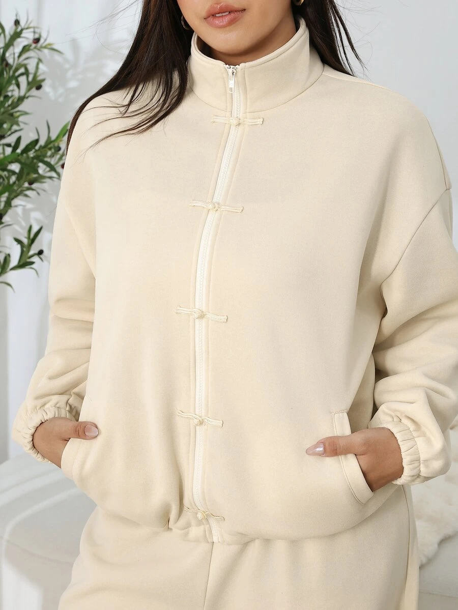 Solflare Plus Size Vintage Frog Button Zipper Long Sleeve Sweatshirt And Pants 2 Pieces Set