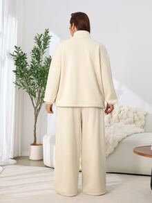 Solflare Plus Size Vintage Frog Button Zipper Long Sleeve Sweatshirt And Pants 2 Pieces Set - Beige - View 3