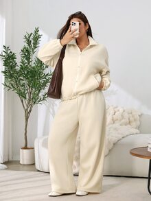 Solflare Plus Size Vintage Frog Button Zipper Long Sleeve Sweatshirt And Pants 2 Pieces Set - Beige - View 6