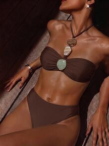 SHEIN Unity Women's Summer Beach Party Solid Color Halter Tie Sexy Tropical Bikini And Triangle Bottom Two Pieces Swimwear Set Dark Brown - Brown - View 6