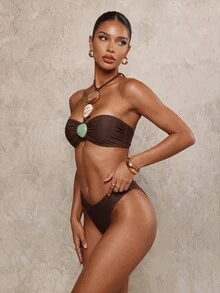 SHEIN Unity Women's Summer Beach Party Solid Color Halter Tie Sexy Tropical Bikini And Triangle Bottom Two Pieces Swimwear Set Dark Brown - Brown - View 4