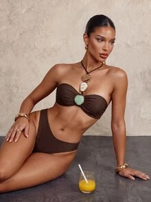 SHEIN Unity Women's Summer Beach Party Solid Color Halter Tie Sexy Tropical Bikini And Triangle Bottom Two Pieces Swimwear Set Dark Brown - Brown - View 3
