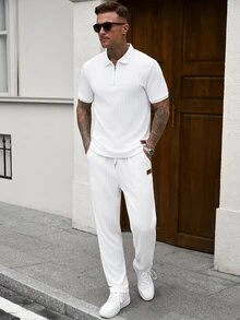 Manfinity CasualCool 秋季男士成熟街頭風 白色交織扭繩紋理面料微寬鬆版型 POLO 衫套裝 - 白色 - 查看 8