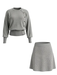 valorelle valorelle Soft Diagonal Silver Buckle Round Neck Cuffed Long Sleeve Ribbed Waist A-Line Skirt Fashion Elegant Women 2 Pieces Set - Grey - View 4