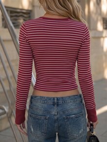 IslaSuriya Women's 2000s Preppy Style Red Retro Striped V-Neck Long-Sleeved T-Shirt, Stretchy Slim Fit Basic Base Layer. - Multicolor - View 2
