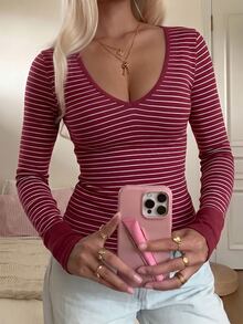 IslaSuriya Women's 2000s Preppy Style Red Retro Striped V-Neck Long-Sleeved T-Shirt, Stretchy Slim Fit Basic Base Layer. - Multicolor - View 4