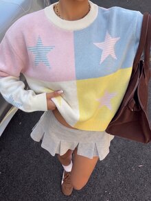 SHEIN 女童可愛格紋星星提花針織毛衣，圓領落肩寬鬆套頭上衣，校園休閒風，藍色與粉色，秋季 - 彩色 - 查看 3