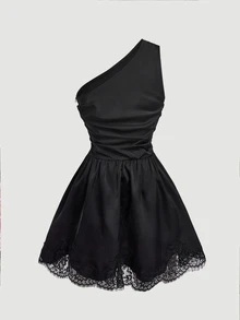 SHEIN MOD Black Tie One Shoulder Lace Hem Satin Mini Dress - Black - View 11