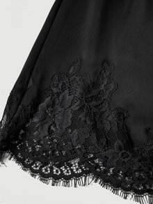SHEIN MOD Black Tie One Shoulder Lace Hem Satin Mini Dress - Black - View 6