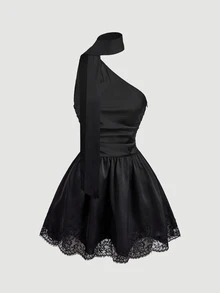 SHEIN MOD Black Tie One Shoulder Lace Hem Satin Mini Dress - Black - View 2