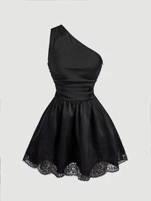 SHEIN MOD Black Tie One Shoulder Lace Hem Satin Mini Dress - Black - View 12