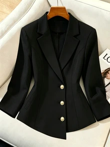 GlowEve CURVE Plus Size Women's Autumn/Winter Fashion Casual Comfortable Daily All-Match Versatile Black Blazer Jacket With Gold Buttons - Black - View 1