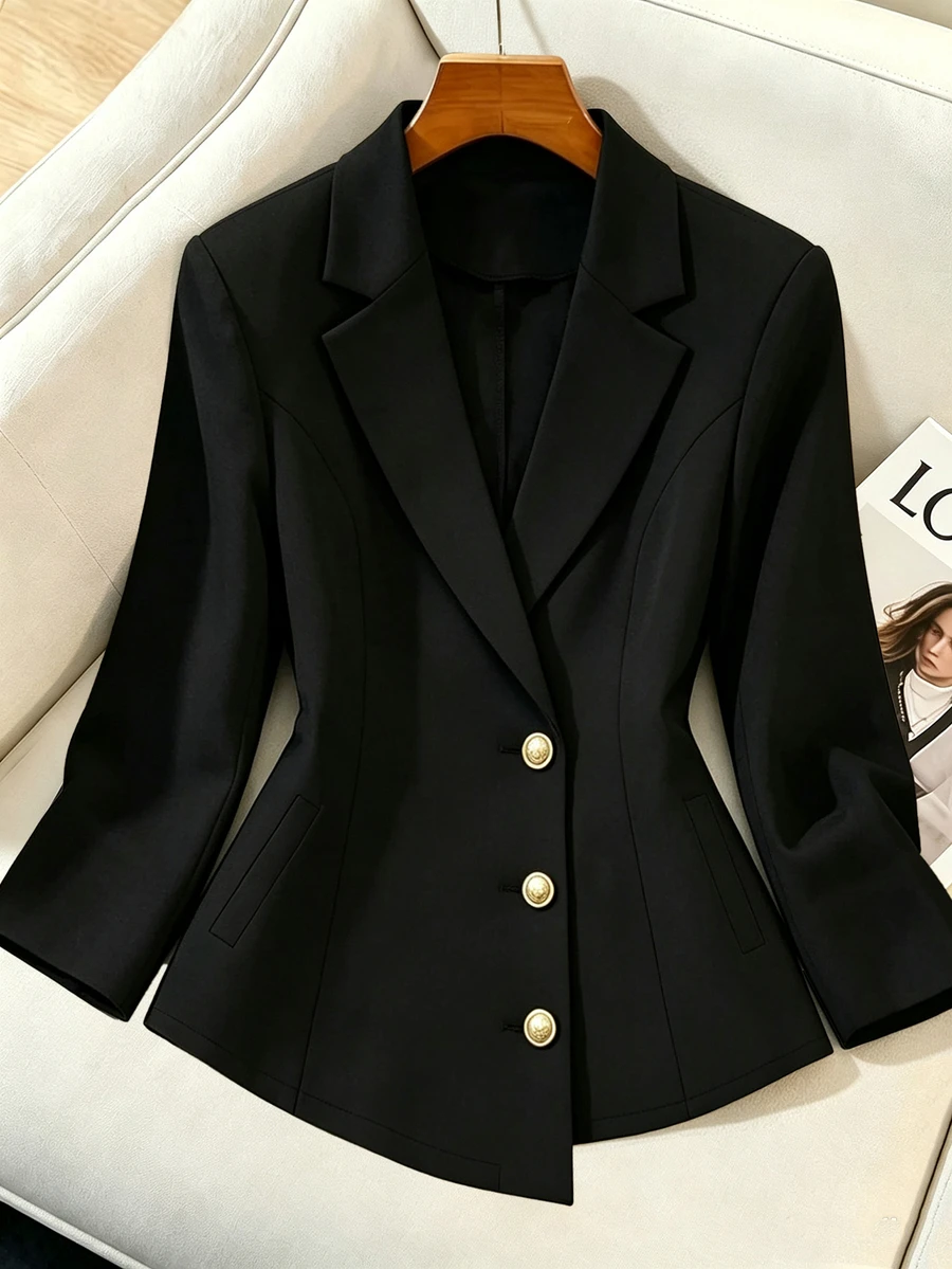 GlowEve CURVE Plus Size Women's Autumn/Winter Fashion Casual Comfortable Daily All-Match Versatile Black Blazer Jacket With Gold Buttons - Black - View 1