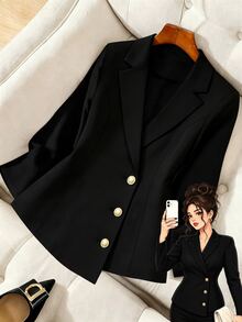 GlowEve CURVE Plus Size Women's Autumn/Winter Fashion Casual Comfortable Daily All-Match Versatile Black Blazer Jacket With Gold Buttons - Black - View 6