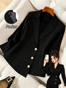 GlowEve CURVE Plus Size Women's Autumn/Winter Fashion Casual Comfortable Daily All-Match Versatile Black Blazer Jacket With Gold Buttons - Black - View 3