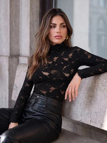 Anewsta Elegant Fashionable Sexy Versatile Fitted Sheer Textured Lace Long Sleeve Undershirt, Suitable For Fall, Winter, Spring, New Year, Party, Wedding - Black - View 4