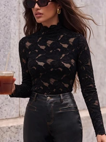 Anewsta Elegant Fashionable Sexy Versatile Fitted Sheer Textured Lace Long Sleeve Undershirt, Suitable For Fall, Winter, Spring, New Year, Party, Wedding - Black - View 6
