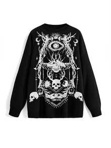 ROMWE Goth Dark Divination Style Eye Skull Forest Animal Jacquard Loose Fit Plus Size Pullover Sweater - Black - View 6