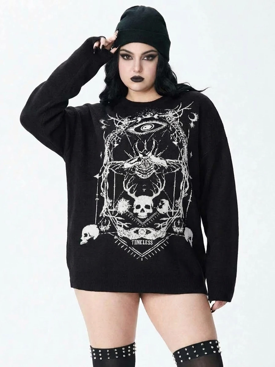 ROMWE Goth Dark Divination Style Eye Skull Forest Animal Jacquard Loose Fit Plus Size Pullover Sweater - Black - View 1