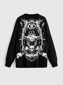 ROMWE Goth Dark Divination Style Eye Skull Forest Animal Jacquard Loose Fit Plus Size Pullover Sweater - Black - View 5