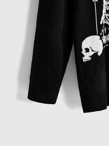 ROMWE Goth Dark Divination Style Eye Skull Forest Animal Jacquard Loose Fit Plus Size Pullover Sweater - Black - View 4