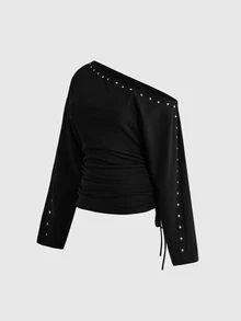 ROMWE Grunge Punk بلوزة رياضية مقاس كبير بلون موحد وياقة غير متماثلة مع رباط جانبي للخروج والسهرات الليلية باللون الأسود لفصل الربيع مثيرة وجذابة - الأسود - مشاهدة 2