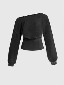 ROMWE Grunge Punk Washed Effect Asymmetrical Shoulder Design Waist-Cinching Plus Size Women's Sweatshirt - Dark Grey - View 6