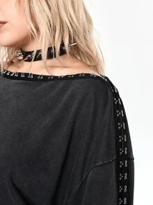ROMWE Grunge Punk Washed Effect Asymmetrical Shoulder Design Waist-Cinching Plus Size Women's Sweatshirt - Dark Grey - View 3