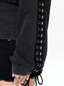 ROMWE Grunge Punk Washed Effect Asymmetrical Shoulder Design Waist-Cinching Plus Size Women's Sweatshirt - Dark Grey - View 4
