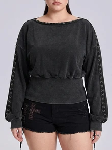 ROMWE Grunge Punk Washed Effect Asymmetrical Shoulder Design Waist-Cinching Plus Size Women's Sweatshirt - Dark Grey - View 1
