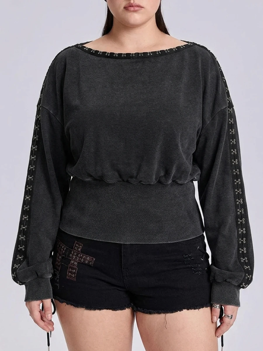 ROMWE Grunge Punk Washed Effect Asymmetrical Shoulder Design Waist-Cinching Plus Size Women's Sweatshirt - Dark Grey - View 1