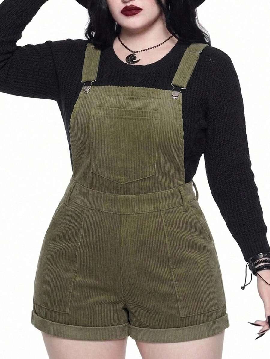 ROMWE Plus Size Vintage Embroidered Corduroy Jumpsuit, All-Match Versatile Style For Autumn/Winter - Green - View 1