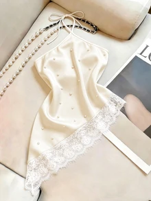 GlowEve CURVE Plus Size Women's Patchwork Lace Asymmetric Hem Faux Pearl Decor Elegant Halter Neck Blouse - Apricot - View 5