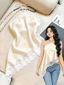 GlowEve CURVE Plus Size Women's Patchwork Lace Asymmetric Hem Faux Pearl Decor Elegant Halter Neck Blouse - Apricot - View 3