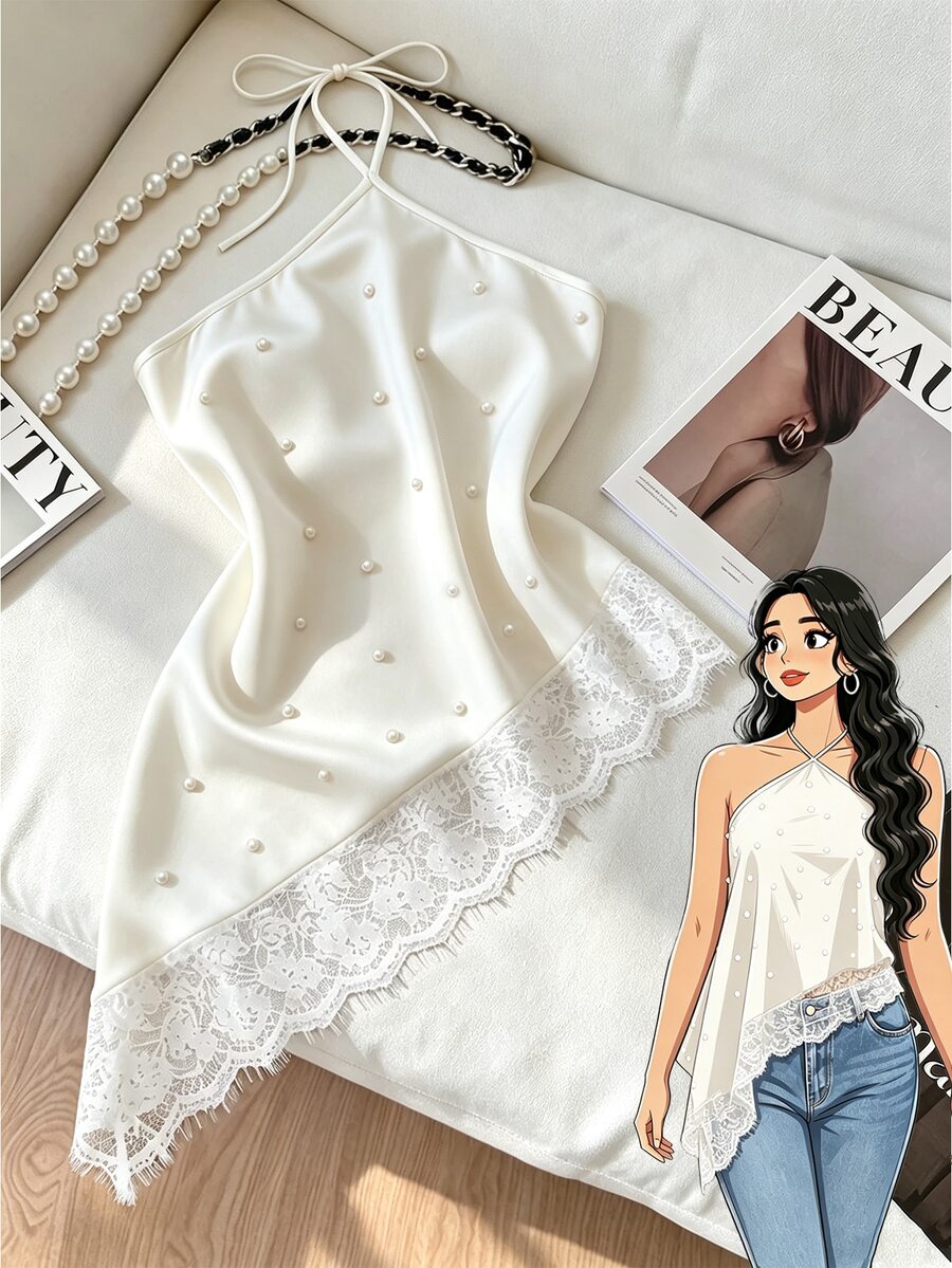 GlowEve CURVE Plus Size Women's Patchwork Lace Asymmetric Hem Faux Pearl Decor Elegant Halter Neck Blouse - Apricot - View 1