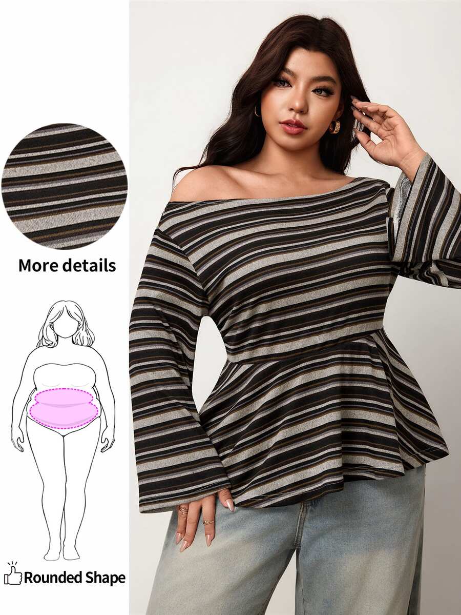 Enliva Plus-Size Women's Retro Asymmetrical Neckline Knitted Fitted T-Shirt Top Apple,Rounded Body Fall - Multicolor - View 1