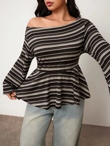 Enliva Plus-Size Women's Retro Asymmetrical Neckline Knitted Fitted T-Shirt Top Apple,Rounded Body Fall - Multicolor - View 3