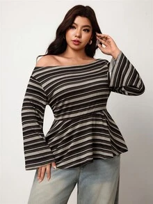 Enliva Plus-Size Women's Retro Asymmetrical Neckline Knitted Fitted T-Shirt Top Apple,Rounded Body Fall - Multicolor - View 5