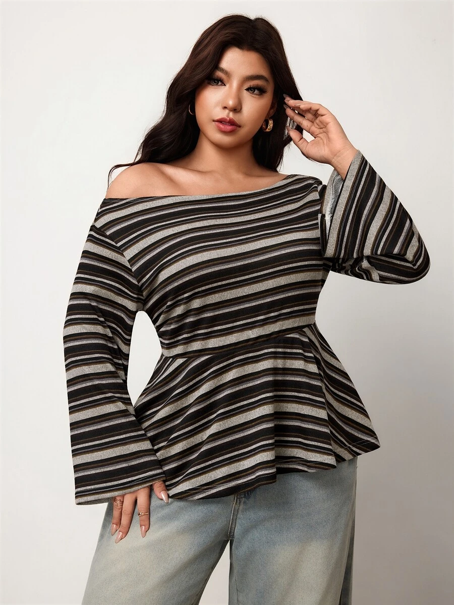 Enliva Plus-Size Women's Retro Asymmetrical Neckline Knitted Fitted T-Shirt Top Apple,Rounded Body Fall - Multicolor - View 1
